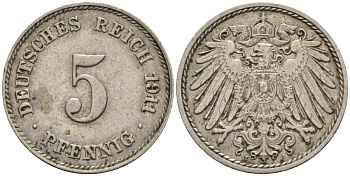 Германия 5 пфеннигов 1911 J KM 11, Jager 12, Weege 6 медно-никель 4151-528