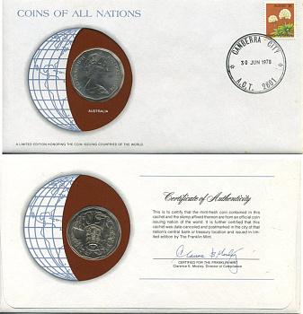 Австралия 50 центов 1978 Елизавета II (1952-2022), герб Австралии, кенгуру, МОНЕТА В КОНВЕРТЕ ПЕРВОГО ДНЯ ГАШЕНИЯ С МАРКОЙ KM 68 медно-никель UNC 4294-5-3