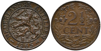 Нидерландские Антилы 2 1/2 цента 1965 Юлиана (1948-1980) KM 5 бронза 4579-911
