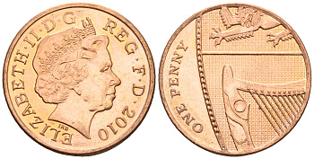 Великобритания 1 пенни 2010 Елизавета II (1952-2022) KM 1107, Spink B6 сталь плакированная медью 4609-714