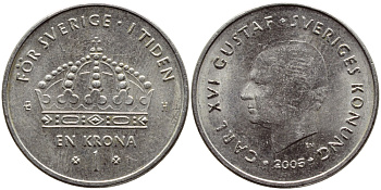 Швеция 1 крона 2005 Карл XVI Густав (1973- ) KM 894 медно-никель 4681-557