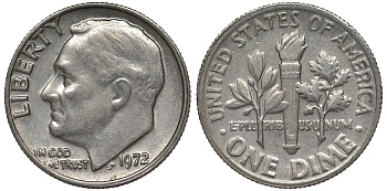 США 10 центов = дайм 1972 Рузвельт KM 195а медь плакированная медно-никелем 4124-444