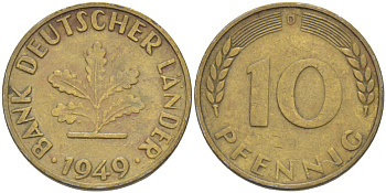 ФРГ 10 ПФЕННИГОВ 1949 D KM 103, J. 378 сталь плакированная латунью 4182-735