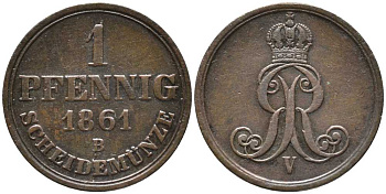 ГАННОВЕР 1 ПФЕННИГ 1861 В, ГЕОРГ V (1851-1866) KM 233 медь 4448-1032