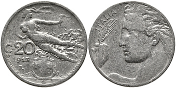 Италия 20 чентезимо 1913 R, Виктор Эммануил III (1900-1946) KM 44 никель 4175-732