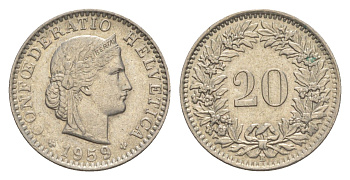 Швейцария 20 раппенов 1959 B KM 29a медно-никель 4625-1065