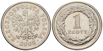 Польша 1 злотый 2008 MW, редкий год KM 282 медно-никель aUNC 4566-313