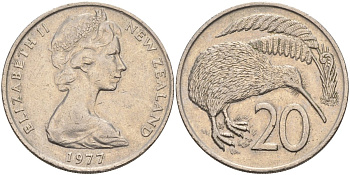 Новая Зеландия 20 центов 1977 Елизавета II (1952-), птичка киви KM 36 медно-никель 4131-1134