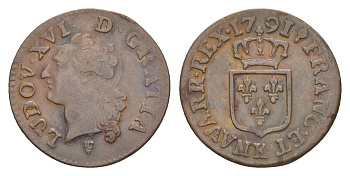 Франция 1 лиард 1791 K, Людовик XVI (1774-1792) KM 585.8 медь 443-1512