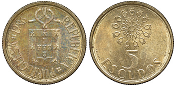 Португалия 5 эскудо 1986 KM 632 никель латунь 4142-1123