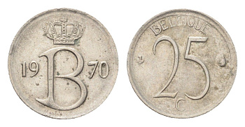 Бельгия 25 сантимов 1970 Belgique, Бодуэн I (1951-1993) KM 153 медно-никель 4705-335