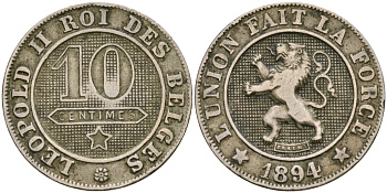 Бельгия 10 сантимов 1894 Леопольд II KM 43 медно-никель 4171-1031