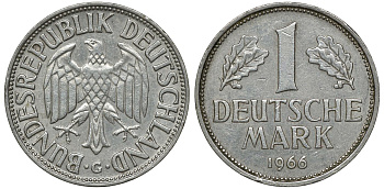 ФРГ 1 МАРКА 1966 G KM 110, J. 385 медно-никель 72-744