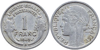 ФРАНЦИЯ 1 ФРАНК 1949 В, ТИП MORLON, LEGERE KM 885a 2, LE FRANC 221.16 алюминий 4397-656