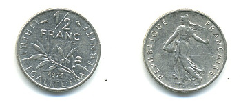 ФРАНЦИЯ 1/2 ФРАНКА 1971 KM 931.1 никель 25-845