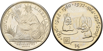 Либерия 5 долларов 1997 китайский гороскоп - год крысы KM 351 медно-никель UNC 3897-1211