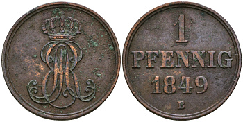 Ганновер 1 пфенниг 1849 B, Эрнст Август (1837-1851) KM 201.1, AKS 129, J. 74 медь 4608-1031