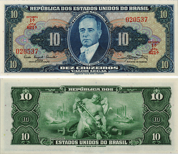 БРАЗИЛИЯ 10 КРУЗЕЙРО 1961 ESTAMPA 1А, SERIA 621А, ПОДПИСЬ 9 Pick 167а бумага UNC (ПРЕСС) 8605-43-2-2