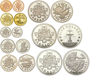 Барбадос полный набор из 8 монет (1, 5, 10 и 25 центов; 1, 2, 5 и 10 долларов) 1976 10 лет независимости KM (19-24, 25a, 26a) серебро и другие металлы PROOF 5-4-4-2