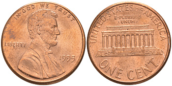 США 1 ЦЕНТ 1995 ЛИНКОЛЬН KM 201b цинк плакированный медью UNC 187-657