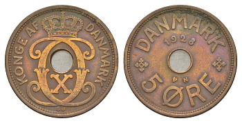 Дания 5 эре 1928 N, Кристиан X (1912-1947) KM 828 бронза 4638-616