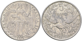 Французская Новая Каледония 5 франков 2004 птица кагу, (IEOM) KM 16, Schoen 12, Lec 81i алюминий 189-1225