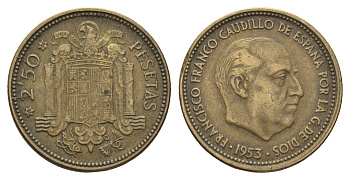 Испания 2,5 песеты 1953 (54) Франсиско Франко (1939-1975) KM 785 алюминиевая бронза 4119-1223