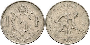 Люксембург 1 франк 1964 сталевар KM 46.2 медно-никель 4364-1846