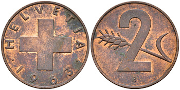 Швейцария 2 раппена 1963 В KM 47 бронза 4591-1256