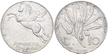 ИТАЛИЯ 10 ЛИР 1950 R, ПЕГАС KM 90 алюминий 4526-122
