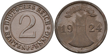 Германия 2 рентенпфеннига 1924 E KM 31, J.307, Weege 3 медь 4584-621