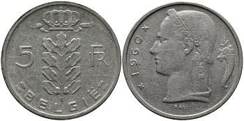 Бельгия 5 франков 1960 Belgie, Бодуэн I (1951-1993) KM 135.1 медно-никель 98-536