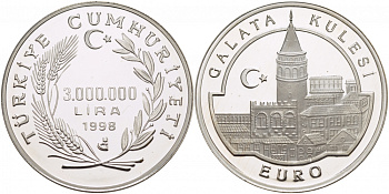 Турция 3000000 лир 1998 Галатская башня (Галата Кулеси), тираж 7843 экземпляра KM 1086 серебро PROOF 1068-4-21