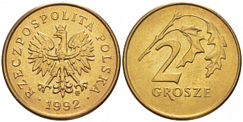 ПОЛЬША 2 ГРОША 1992 MW KM 277 латунь UNC 4516-1133