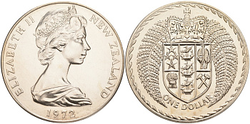 Новая Зеландия 1 доллар 1972 герб Новой Зеландии, Елизавета II (1952-2022) KM 38.2 медно-никель UNC 4552-1121