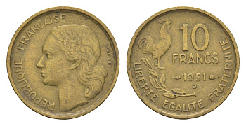 Франция 10 франков 1951 B KM 915 алюминиевая бронза 4174-915