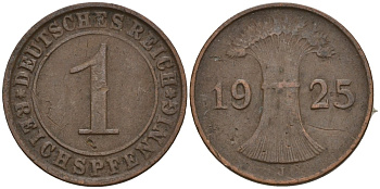 Германия 1 рейхспфенниг 1925 J KM 37, J. 313 бронза 4516-557