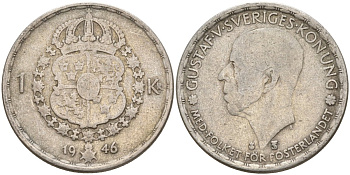 Швеция 1 крона 1946 TS, Густав V (1907-1950) KM 814 серебро 4148-1033