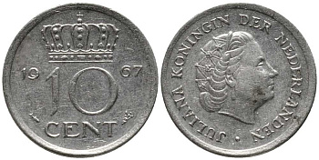 НИДЕРЛАНДЫ 10 ЦЕНТОВ 1967 ЮЛИАНА KM 182 никель 112-732