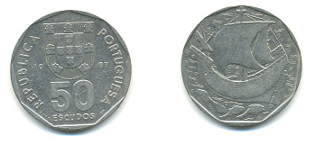 ПОРТУГАЛИЯ 50 ЭСКУДО 1987 КОРАБЛЬ KM 636 медно-никель 56-1131