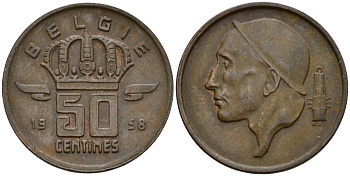 Бельгия 50 сантимов 1958 Belgie KM 144 бронза 4152-424