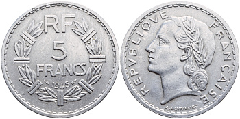 Франция 5 франков 1945 KM 888b.1, Le Franc 339.3 алюминий aUNC 4526-512