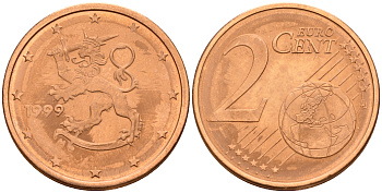 Финляндия 2 евроцента 1999  KM 99 сталь плакированная медью  UNC  4160-347