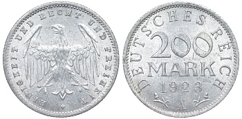 Германия 200 марок 1923 A KM 35, J. 304, Weege 22 алюминий 4604-546