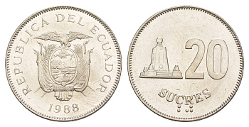 Эквадор 20 сукре 1988 KM 94.1 сталь плакированная никелем UNC 4641-717