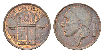 Бельгия 50 сантимов 1987 Belgique, Бодуэн I (1951-1993) KM 148 бронза 4705-234
