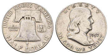 США 1/2 доллара (50 центов) 1957 Бенджамин Франклин, колокол KM 199 серебро 1530-1333