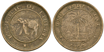 Либерия 1/2 цента 1937 KM 10 латунь 4174-342