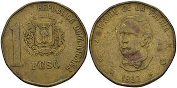 Доминиканская Республика 1 песо 1992 Хуан Пабло Дуарте KM 80.1 медь цинк 31-512