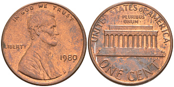 США 1 цент 1980 Авраам Линкольн KM 201 медь цинк 187-736
